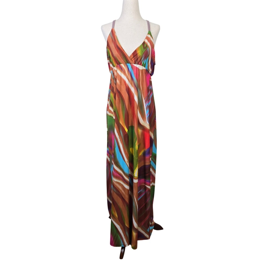 Ocean Blue Womens Medium Abstract Multi-Color Maxi Dress Wood Bead T-Back Boho